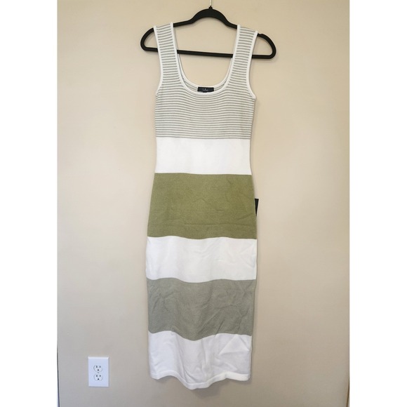 Lulus Sage Green Striped Ribbed Knit Sleeveless Midi Sweater Dress Medium NWT - Picture 3 of 8
